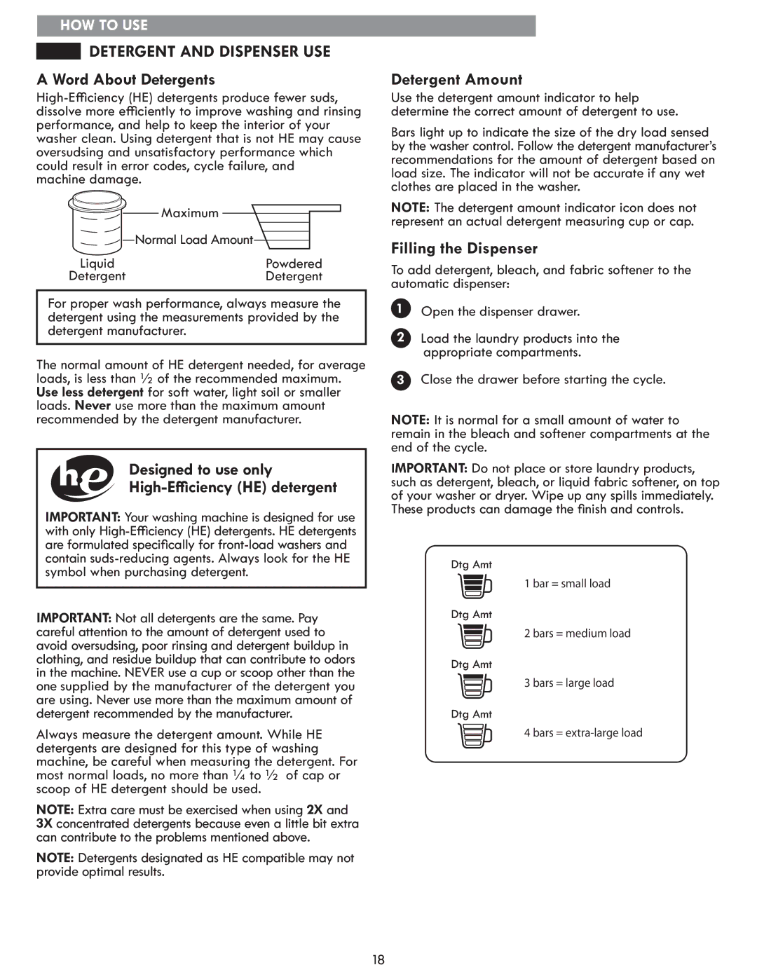 Kenmore 796.4172# Detergent and Dispenser USE, Word About Detergents, Designed to use only High-Efficiency HE detergent 