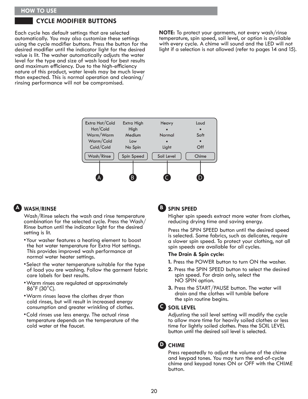 Kenmore 796.4172# manual Cycle Modifier Buttons, Wash/Rinse, Spin Speed, Soil Level, Chime 