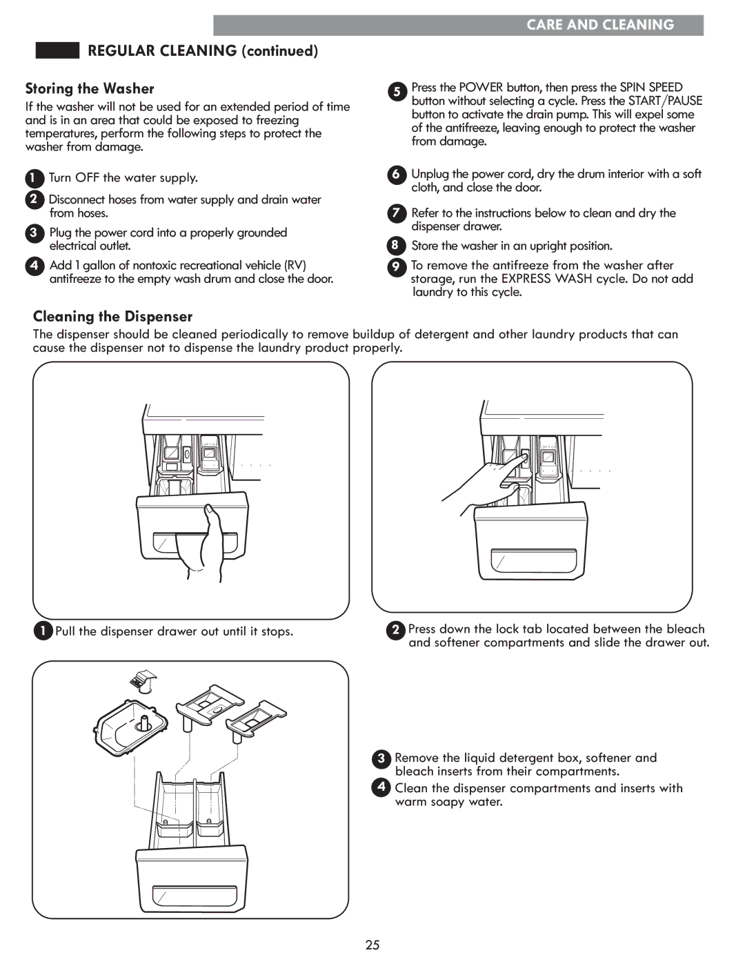 Kenmore 796.4172# manual Regular Cleaning Storing the Washer, Cleaning the Dispenser 