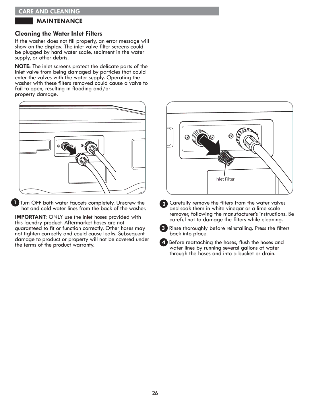 Kenmore 796.4172# manual Maintenance, Cleaning the Water Inlet Filters 