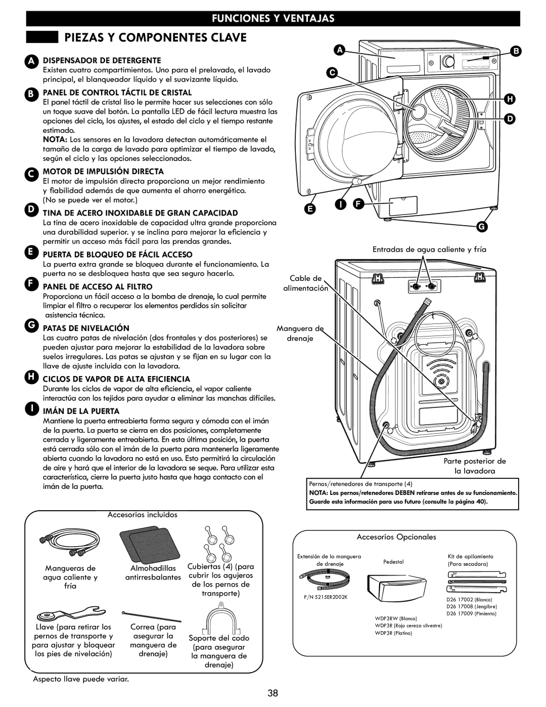 Kenmore 796.4172# manual Dispensador DE Detergente, Panel DE Control Táctil DE Cristal, Motor DE Impulsión Directa 