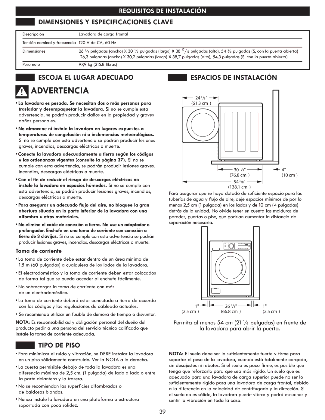 Kenmore 796.4172# Dimensiones Y Especificaciones Clave, Escoja EL Lugar Adecuado, Tipo DE Piso, Espacios DE Instalación 