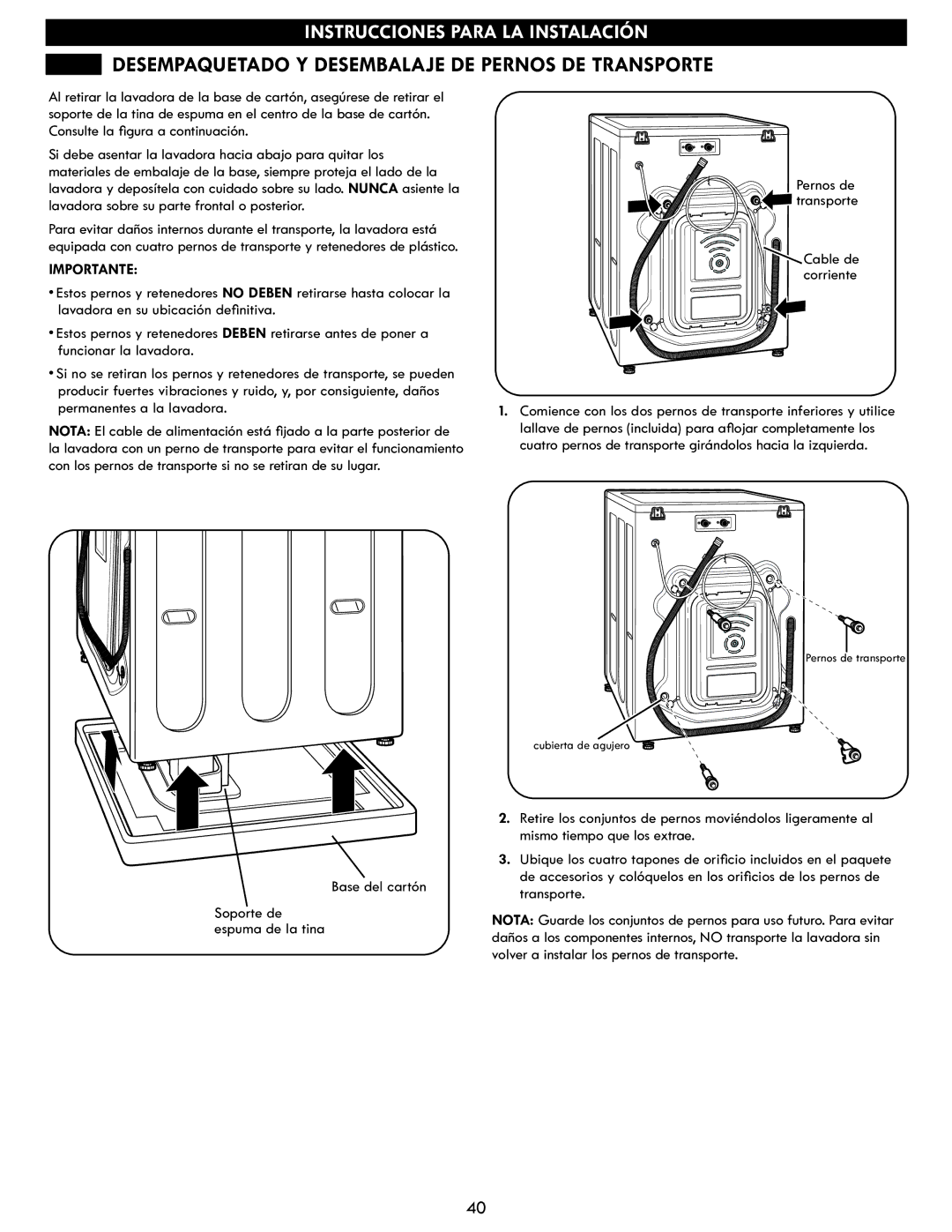 Kenmore 796.4172# manual Desempaquetado Y Desembalaje DE Pernos DE Transporte, Importante 