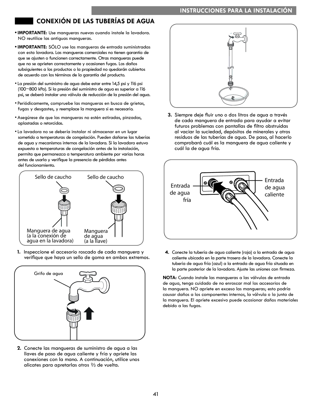 Kenmore 796.4172# manual Conexión DE LAS Tuberías DE Agua, Del funcionamiento, Grifo de agua 