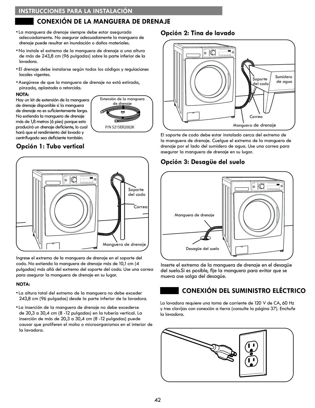 Kenmore 796.4172# manual Conexión DE LA Manguera DE Drenaje, Opción 2 Tina de lavado, Opción 1 Tubo vertical 