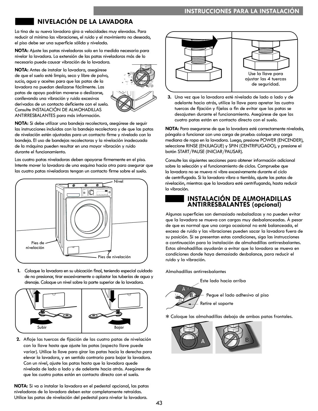 Kenmore 796.4172# manual Nivelación DE LA Lavadora, Instalación DE Almohadillas, Antirresbalantes opcional 