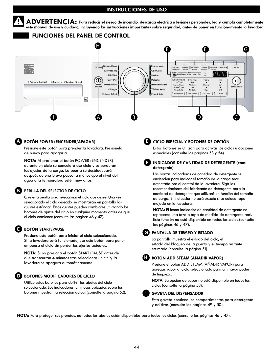 Kenmore 796.4172# manual Funciones DEL Panel DE Control 