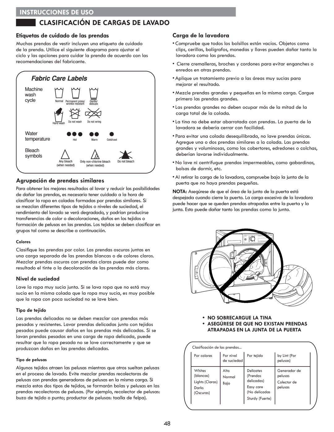 Kenmore 796.4172# manual Etiquetas de cuidado de las prendas, Agrupación de prendas similares, Carga de la lavadora 