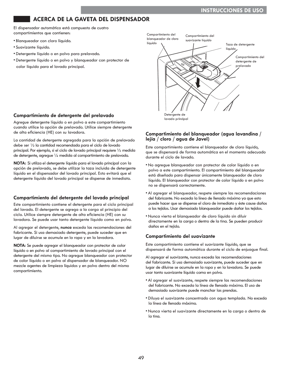 Kenmore 796.4172# manual Acerca DE LA Gaveta DEL Dispensador, Compartimiento de detergente del prelavado 