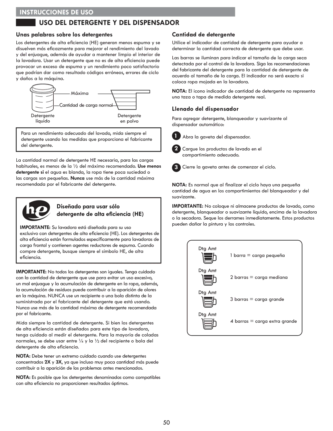 Kenmore 796.4172# manual USO DEL Detergente Y DEL Dispensador, Unas palabras sobre los detergentes, Cantidad de detergente 