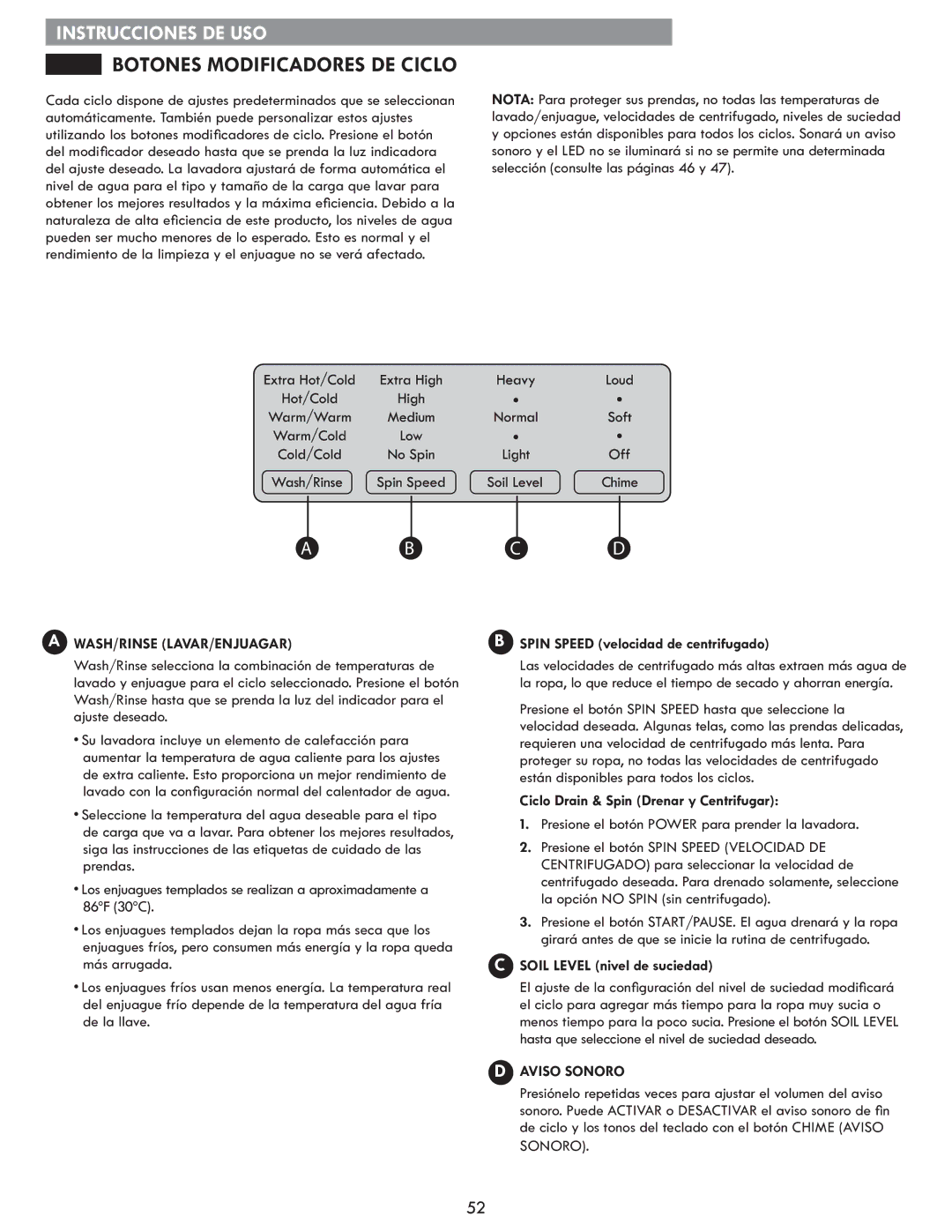 Kenmore 796.4172# manual Botones Modificadores DE Ciclo, Wash/Rinse Lavar/Enjuagar, Aviso Sonoro 