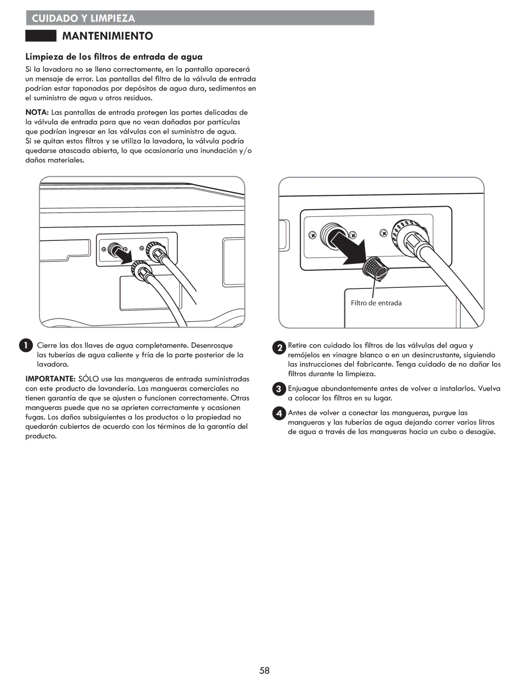 Kenmore 796.4172# manual Mantenimiento, Limpieza de los filtros de entrada de agua 