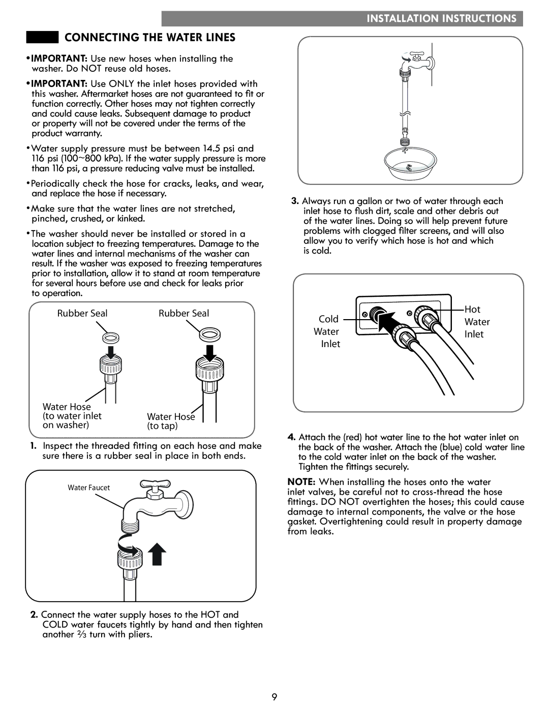 Kenmore 796.4172# manual Connecting the Water Lines, On washer To tap 