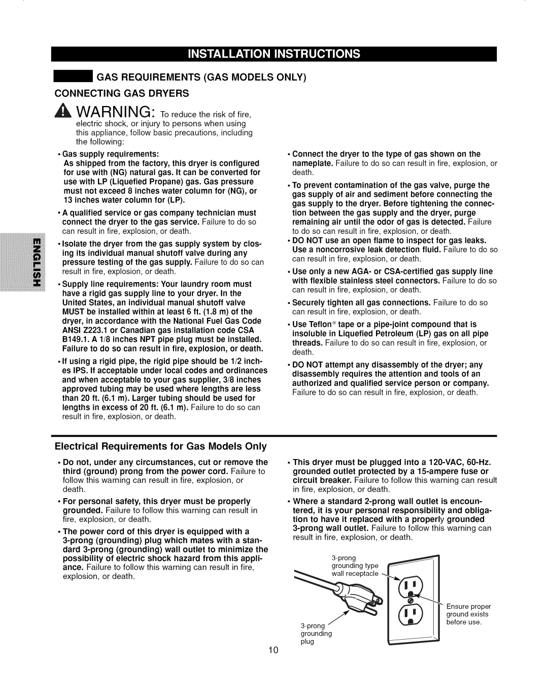 Kenmore 796.6927#, 796.7927# manual GAS Requirements GAS Models only, Electrical Requirements for Gas Models Only 