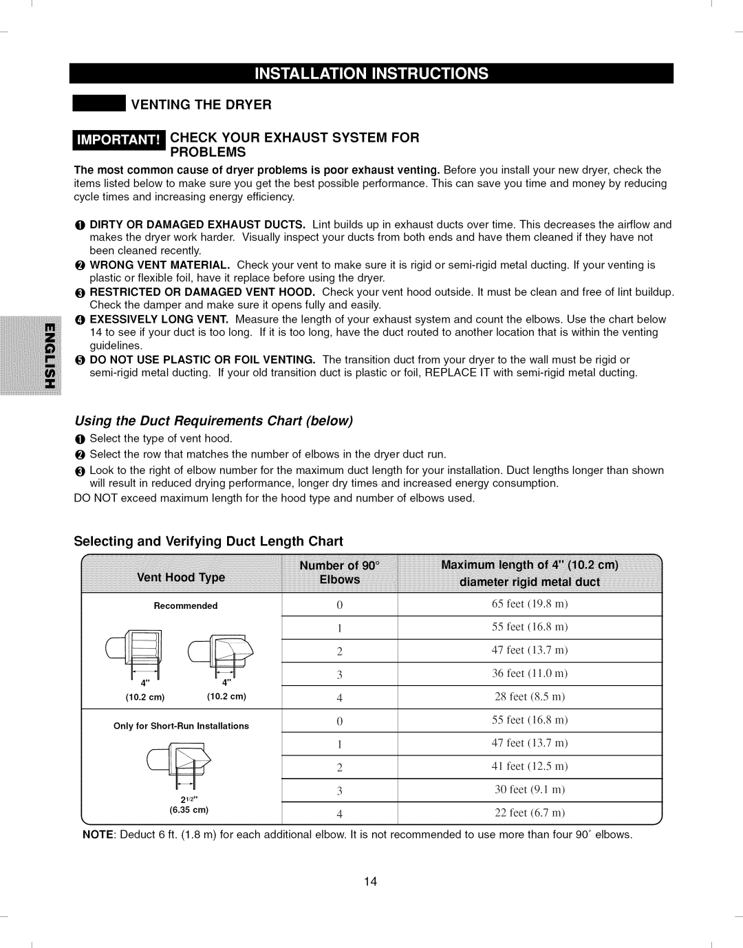 Kenmore 796.6927# Selecting and Verifying Duct Length Chart, Venting the Dryer Check Your Exhaust System for Problems 