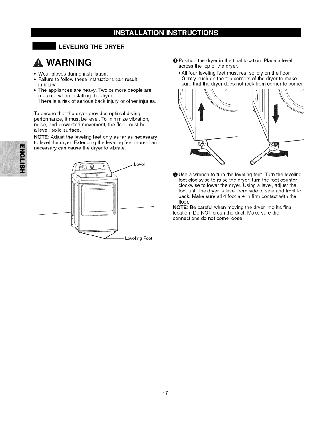 Kenmore 796.6927#, 796.7927# manual Leveling the Dryer 