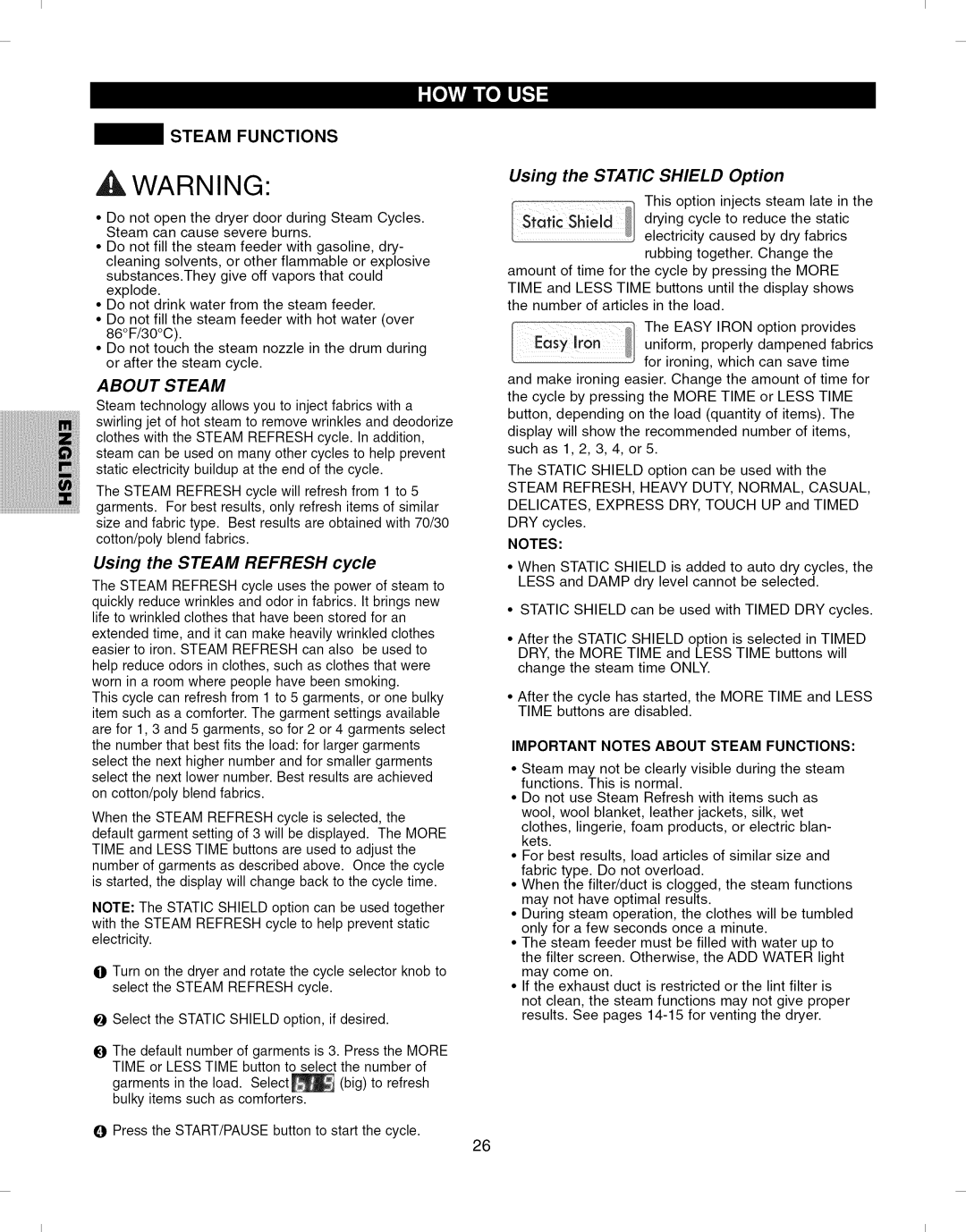 Kenmore 796.6927#, 796.7927# manual Steam Functions, Using the Steam Refresh cycle, Using the Static Shield Option 