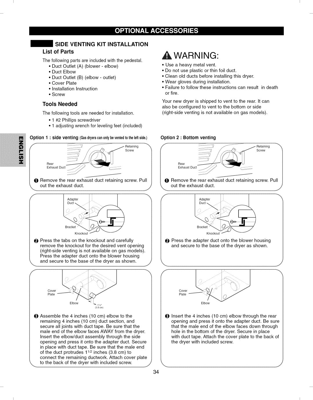 Kenmore 796.6927#, 796.7927# manual Side Venting KIT Installation, List of Parts, Tools Needed, Option 2 Bottom venting 