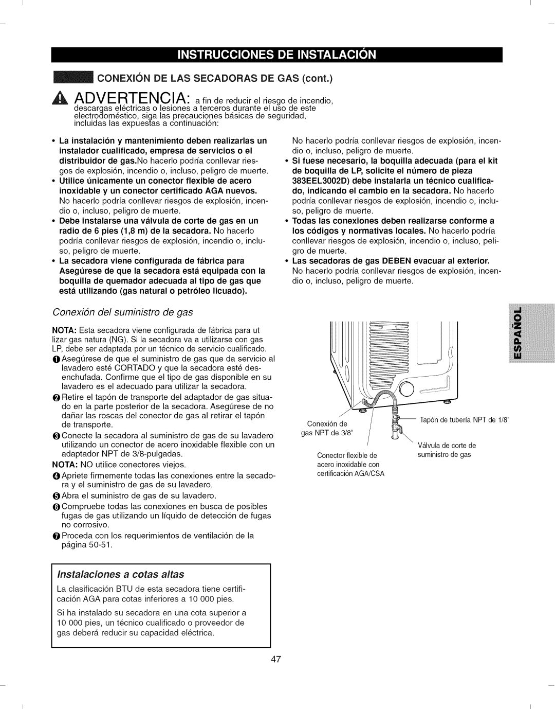 Kenmore 796.7927#, 796.6927# Conexion DE LAS Secadoras DE GAS, La instalacion Mantenimiento Deben, Instalador Cualificado 