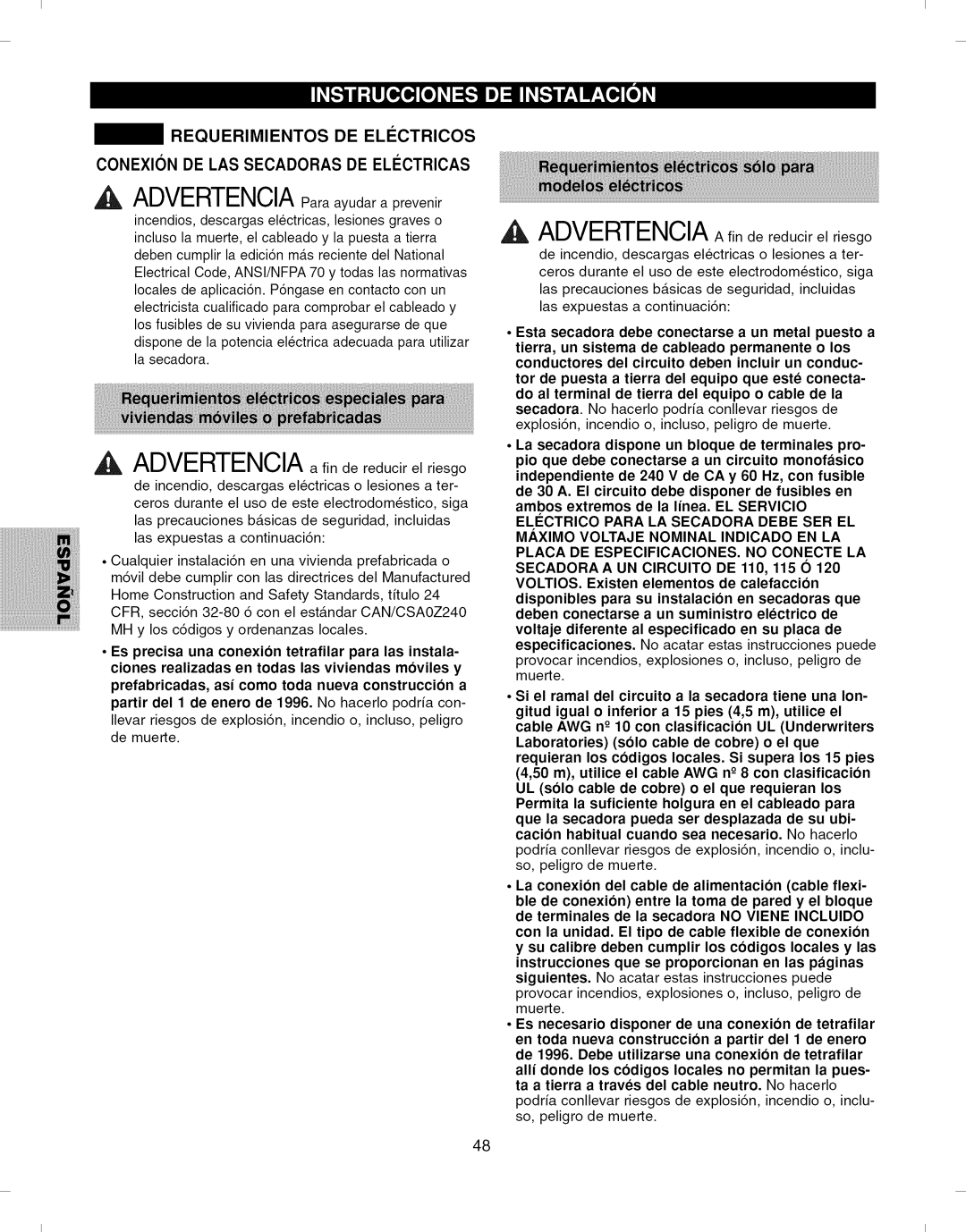 Kenmore 796.6927#, 796.7927# manual Requerimientos DE ELI!CTRICOS, Conexion DE LAS Secadoras DE Elictricas 