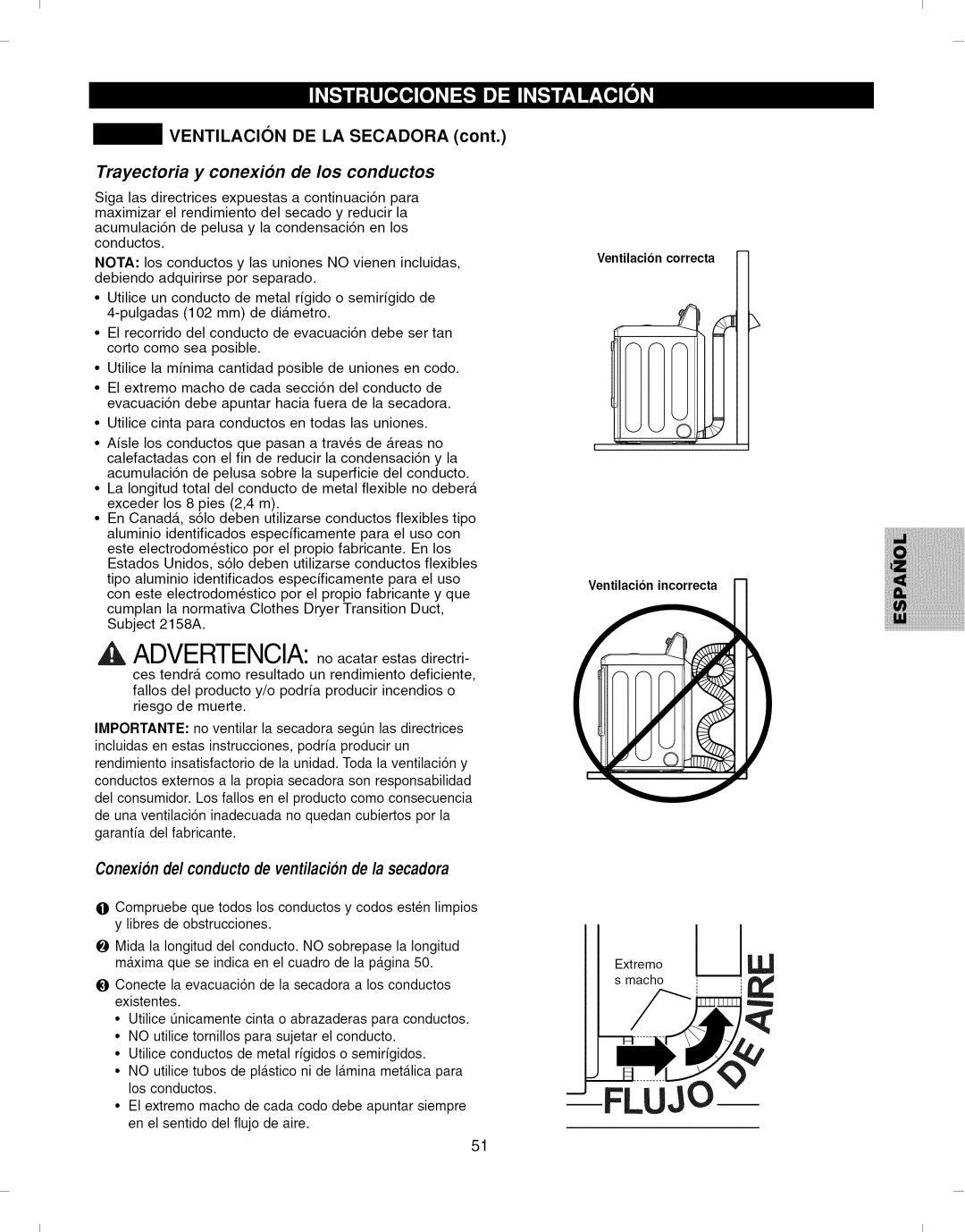 Kenmore 796.7927#, 796.6927# manual Ventilacion DE LA Secadora, Trayectoria y conexion de los conductos 