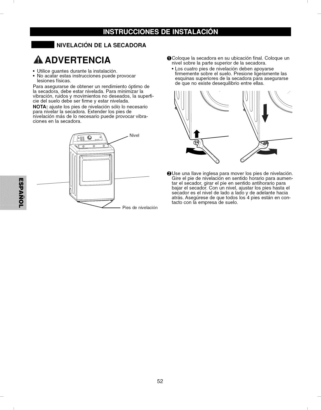 Kenmore 796.6927#, 796.7927# manual Advertencia, Nivelacion DE LA Secadora 