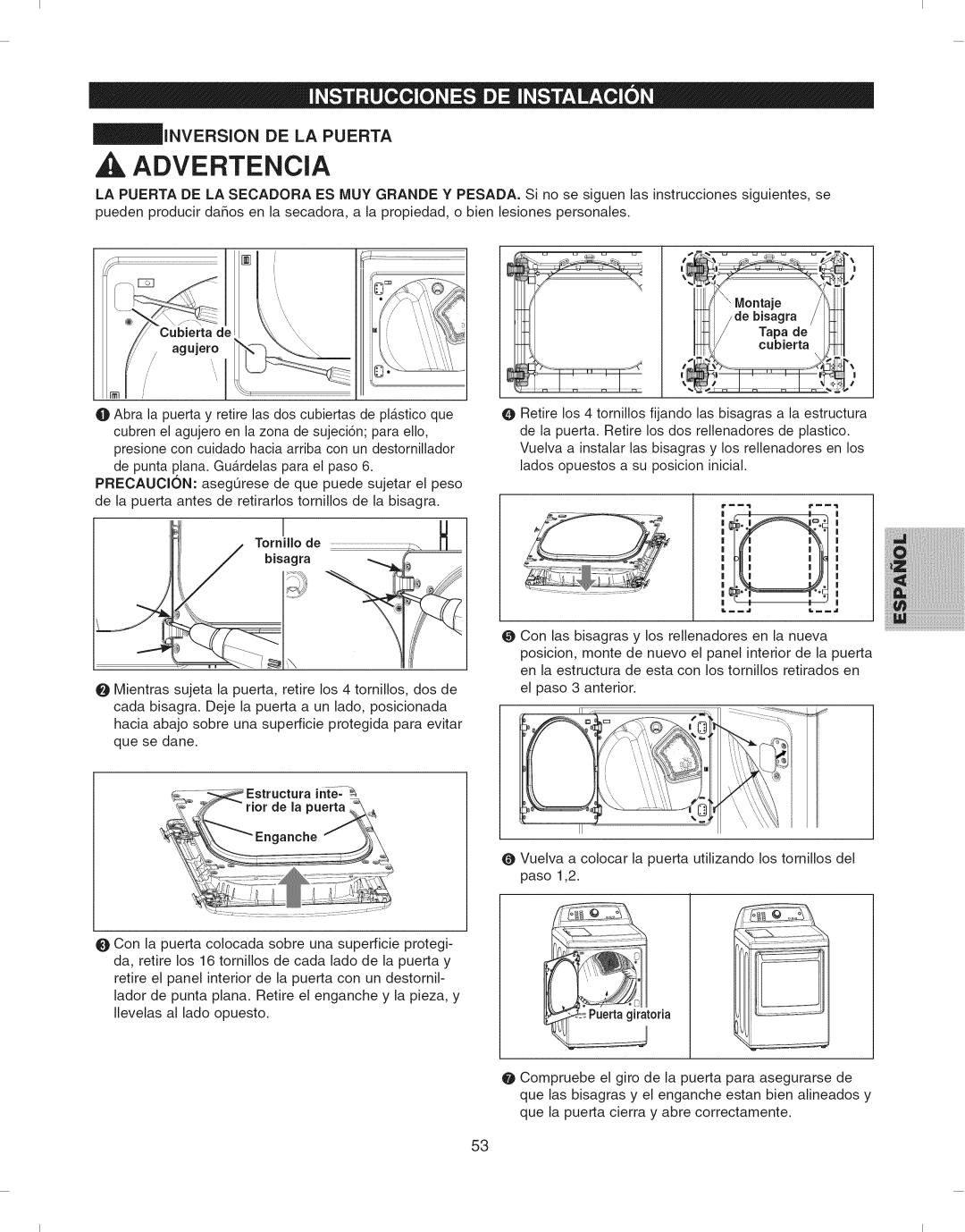 Kenmore 796.7927#, 796.6927# manual Inversion, DE LA Puerta, Tornillo de 