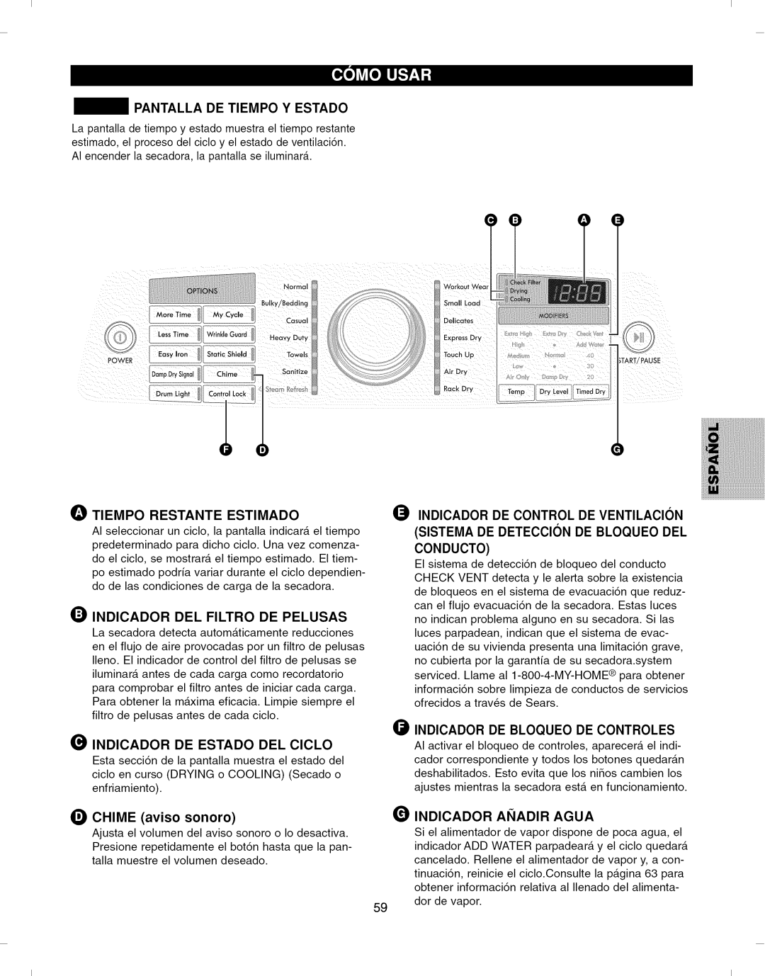 Kenmore 796.7927# manual Pantalla DE Tiempo Y Estado, Tiempo Restante Estimado, Indicador DEL Filtro DE Pelusas, Conducto 