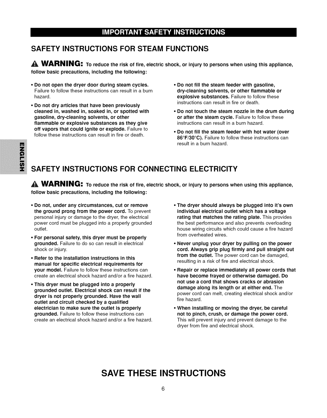 Kenmore 796.6927#, 796.7927# manual Safety Instructions for Steam Functions 