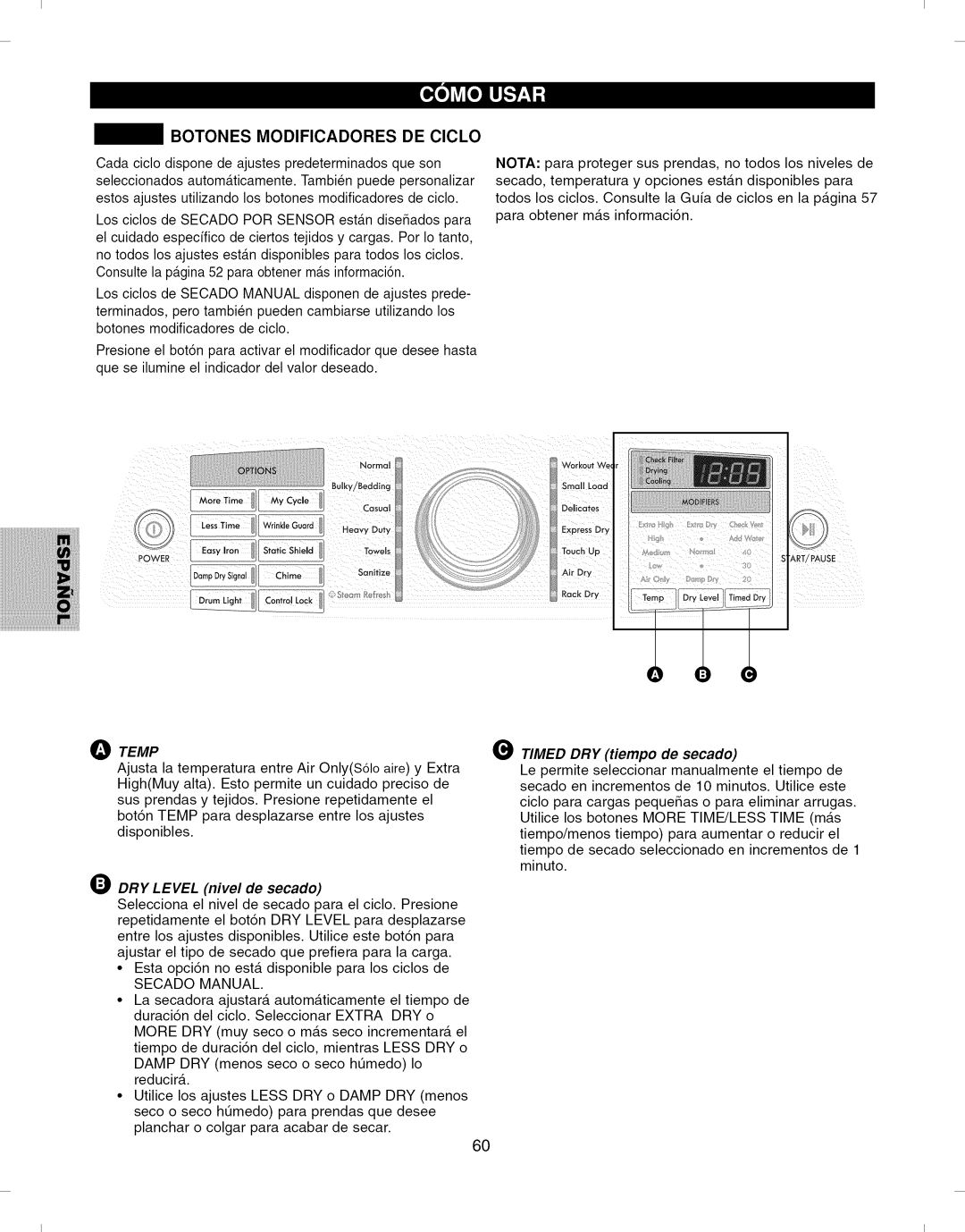 Kenmore 796.6927# Botones Modificadores DE Ciclo, DRY Level nivel de secado, Secado Manual, Timed DRY tiempo de secado 