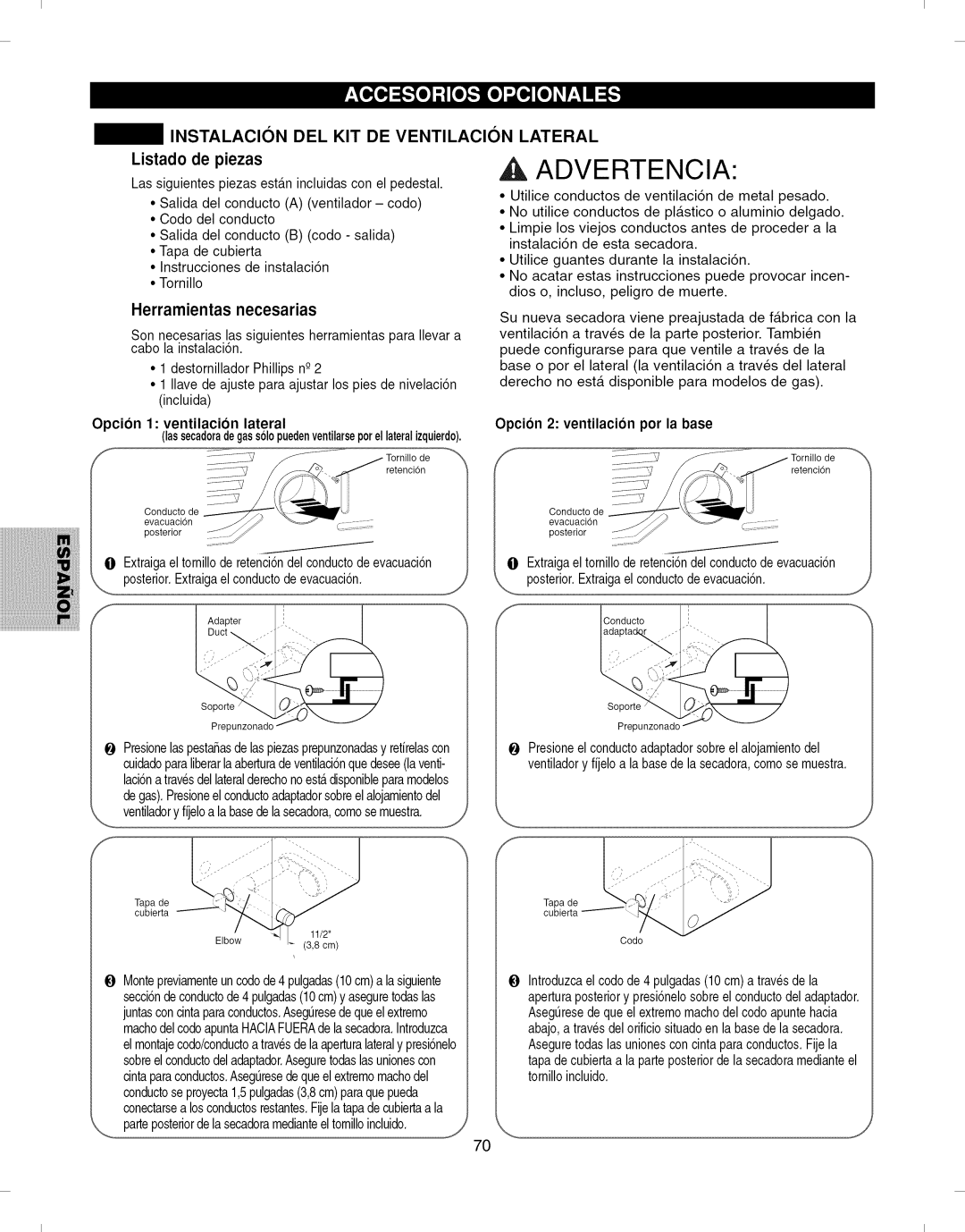 Kenmore 796.6927#, 796.7927# manual Herramientas necesarias, Instalacion DEL KIT DE Ventilacion Lateral, Listado de piezas 