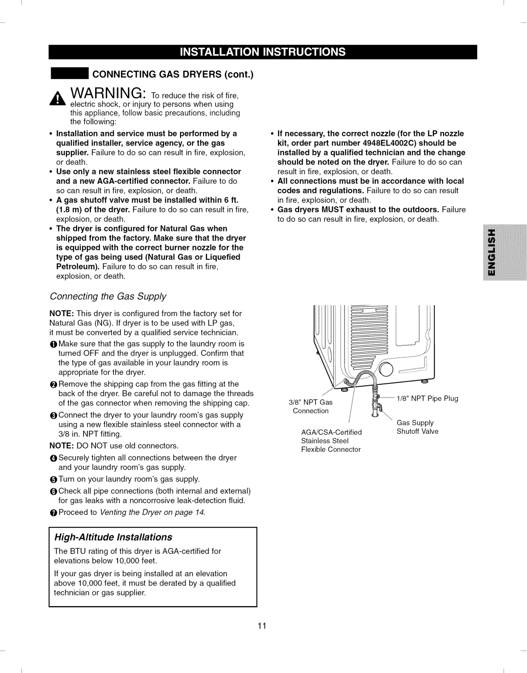 Kenmore 796.8051 manual Connecting GAS Dryers, Connecting the Gas Supply, High-Altitude Installations 