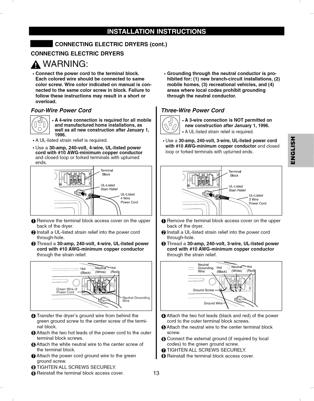 Kenmore 796.8051 manual Connecting Electric Dryers, Four-Wire Power Cord, Three-Wire Power Cord 