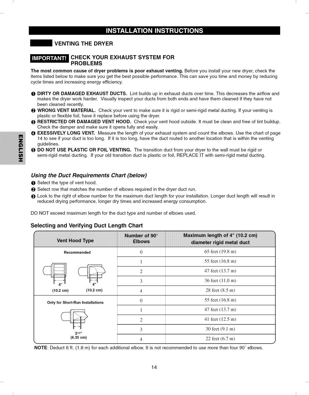 Kenmore 796.8051 manual Venting the Dryer Check Your Exhaust System for Problems, Using the Duct Requirements Chart below 