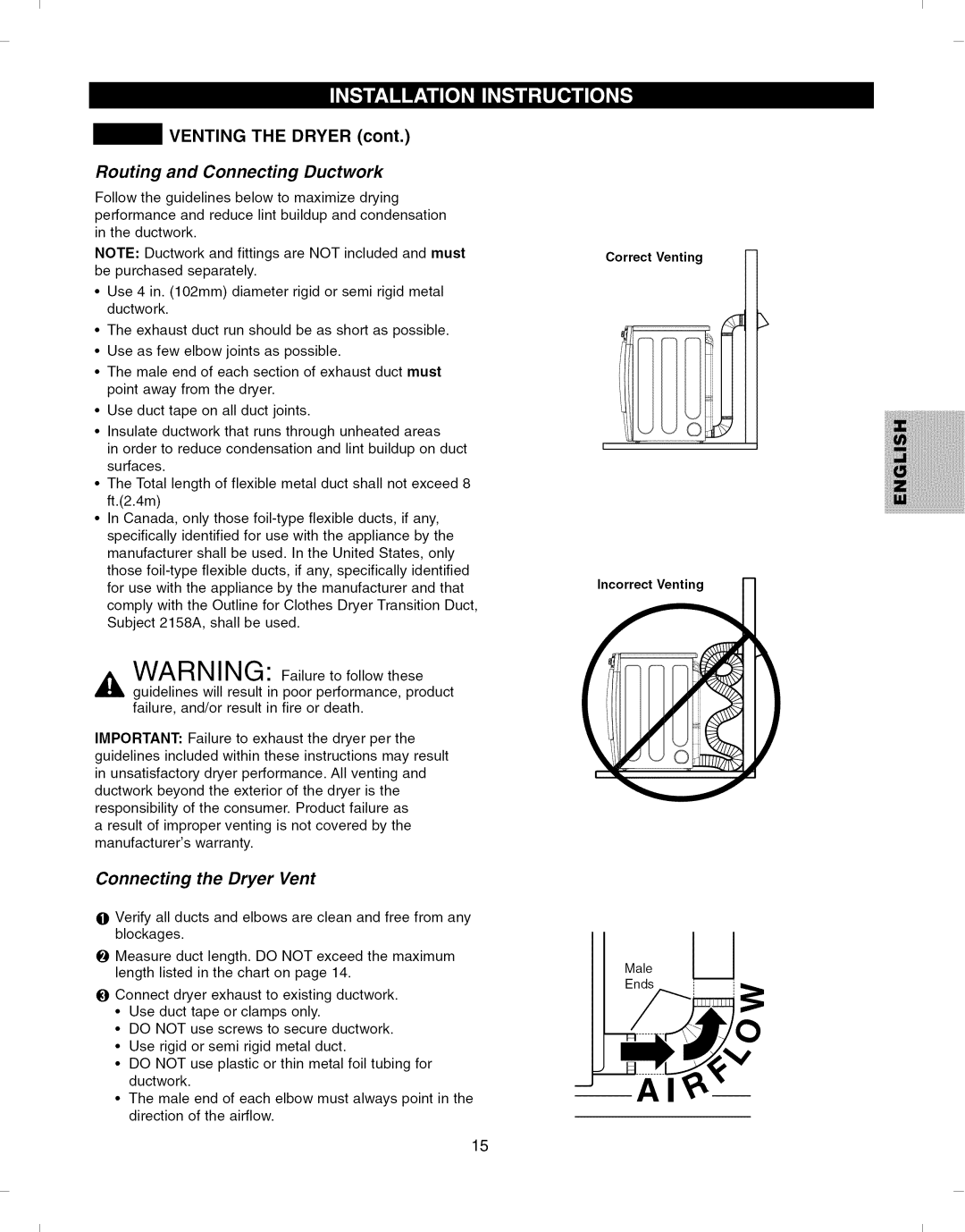 Kenmore 796.8051 manual Venting the Dryer, Routing and Connecting Ductwork, Connecting the Dryer Vent 