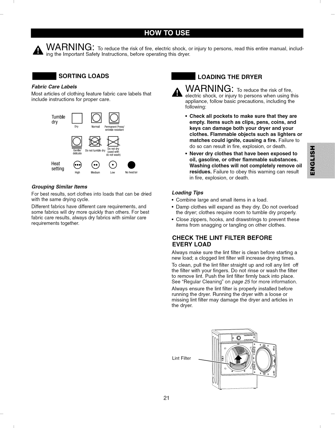 Kenmore 796.8051 manual Sorting Loads, Loading the Dryer, Check the Lint Filter Before Every Load, Fabric Care Labels 