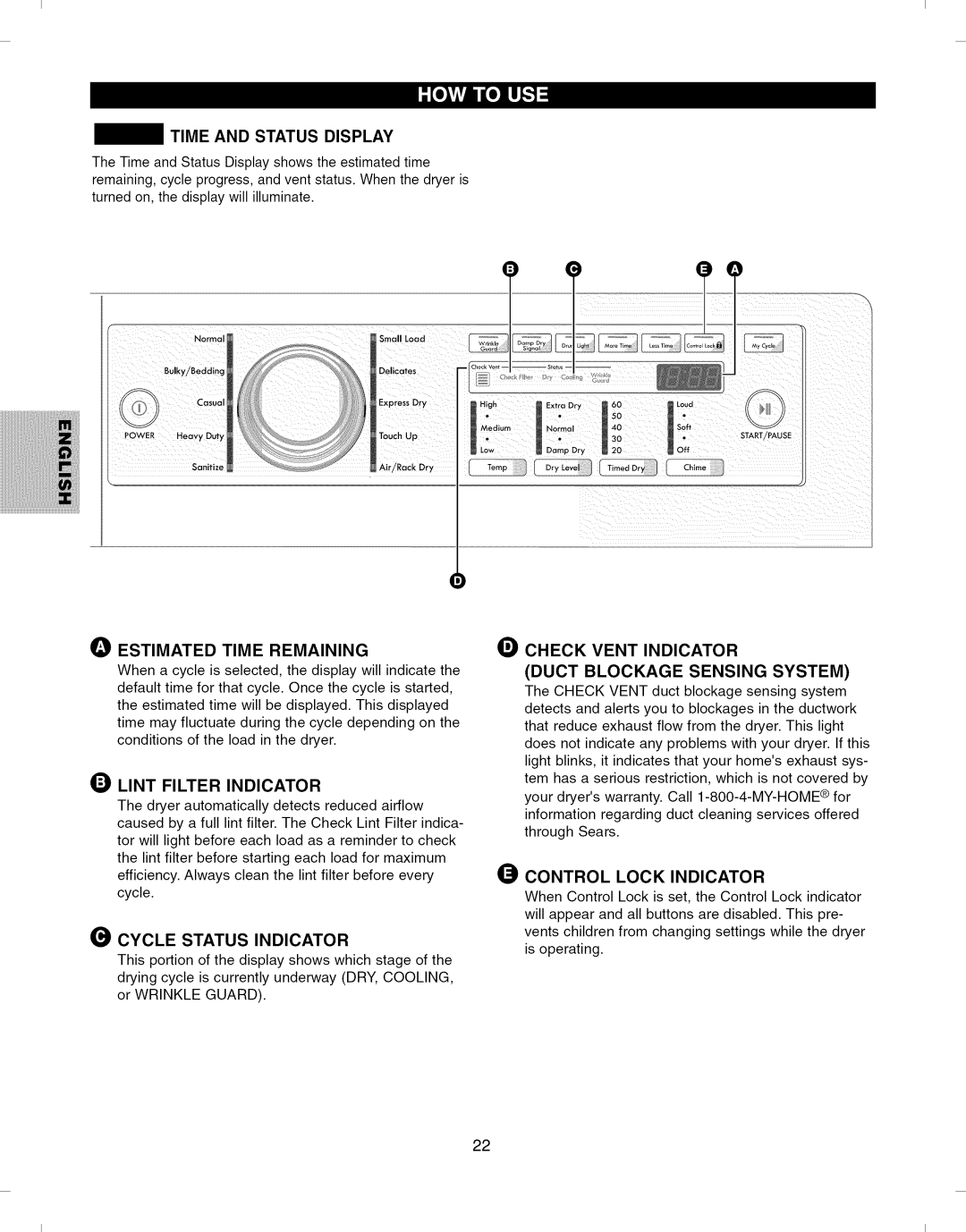 Kenmore 796.8051 manual Time and Status Display, Estimated Time Remaining Check Vent Indicator, Lint Filter Indicator 