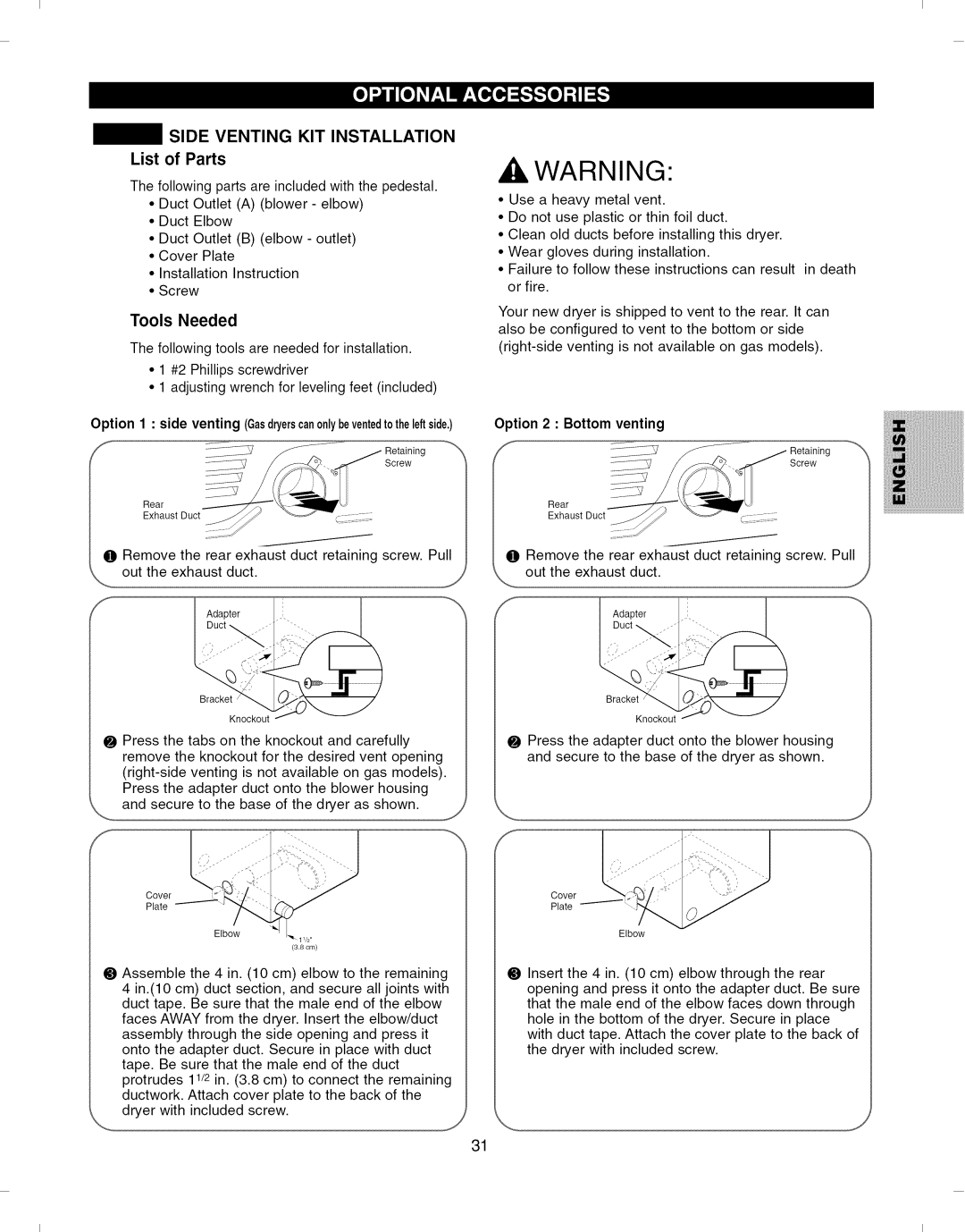 Kenmore 796.8051 manual Side Venting KIT Installation, Option 2 Bottom venting 