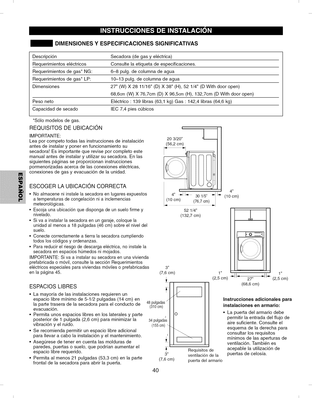 Kenmore 796.8051 manual Dimensiones Y Especificaciones Significativas, Instrucciones Adicionales, En armario 