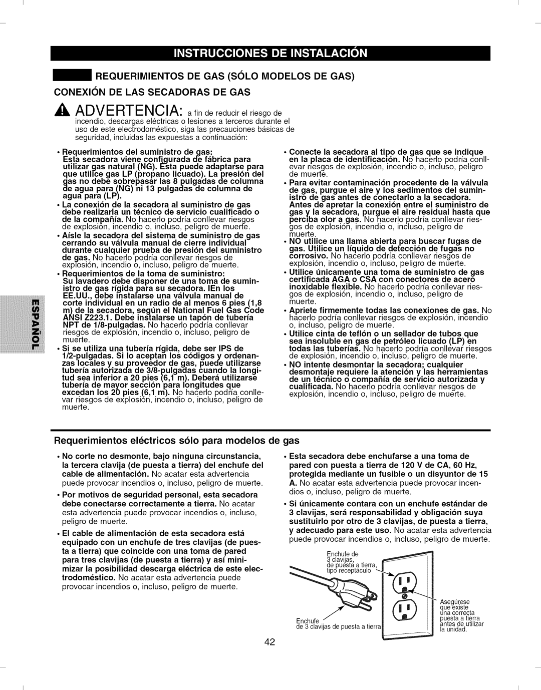 Kenmore 796.8051 manual Requerimientos electricos solo para modelos de gas 