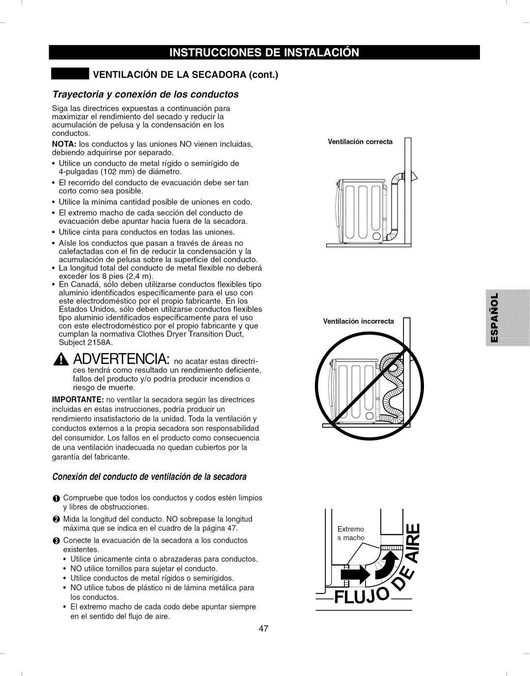 Kenmore 796.8051 manual Ventilacion DE LA Secadora, Trayectoria y conexion de los conductos 