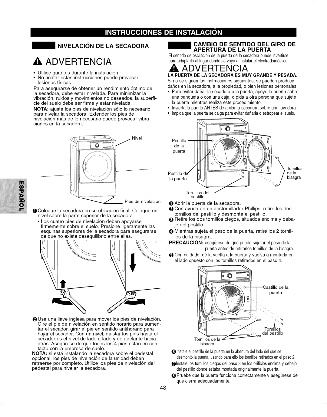 Kenmore 796.8051 manual Nivelacion DE LA Secadora, Cambio DE Sentido DEL Giro DE Apertura DE LA Puerta 