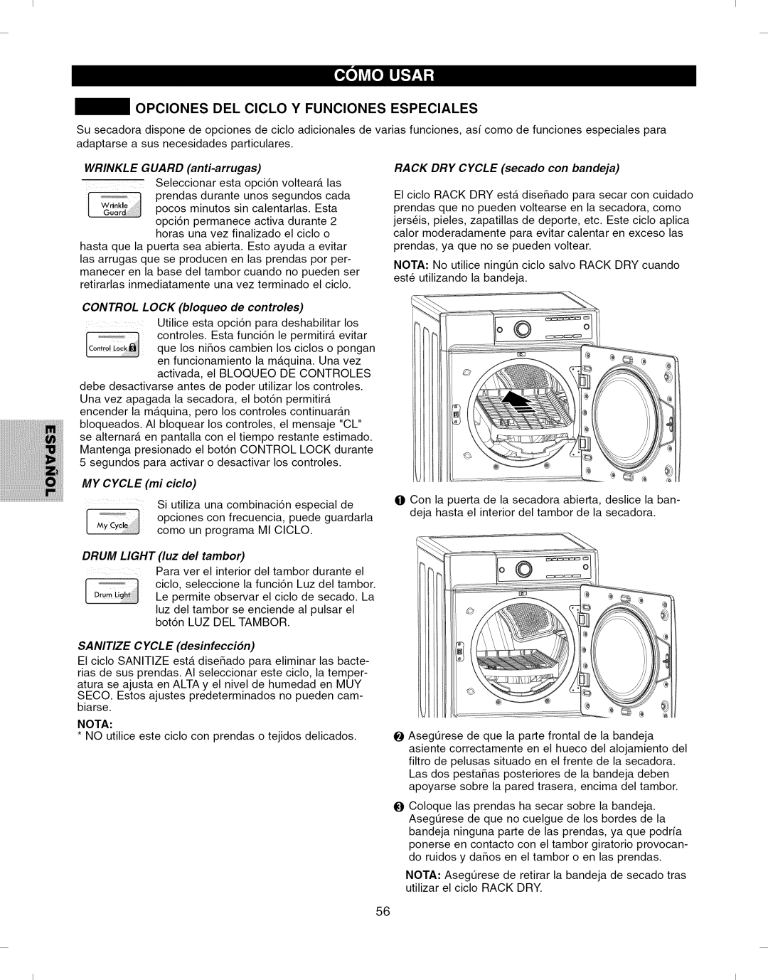 Kenmore 796.8051 Opciones DEL Ciclo Y Funciones Especiales, Wrinkle Guard anti-arrugas, Control Lock bloqueo de controles 