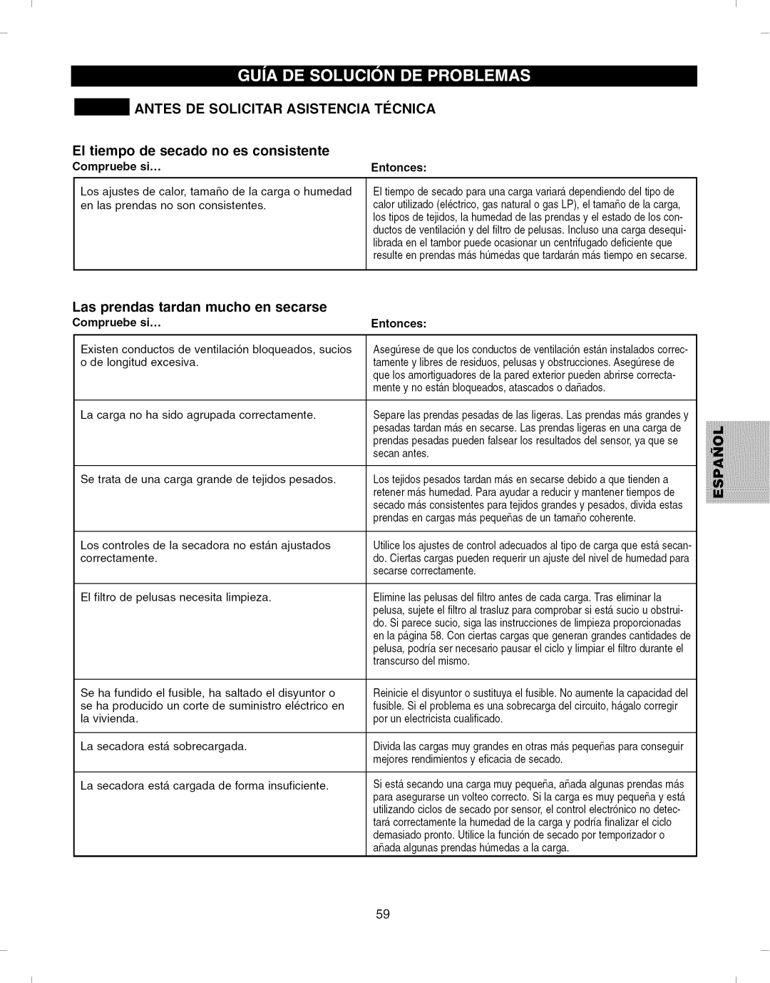 Kenmore 796.8051 manual El tiempo de secado no es consistente, Las prendas tardan mucho en secarse 
