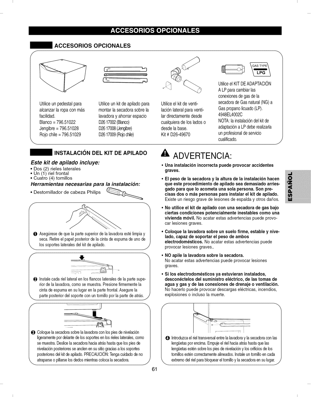 Kenmore 796.8051 manual Accesorios Opcionales, Instalacion DEL KIT DE Apilado, Este kit de apilado incluye 