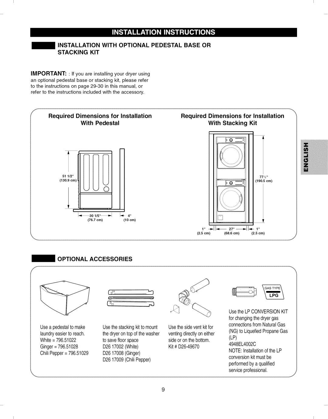 Kenmore 796.8051 manual Required Dimensions for Installation With Pedestal 