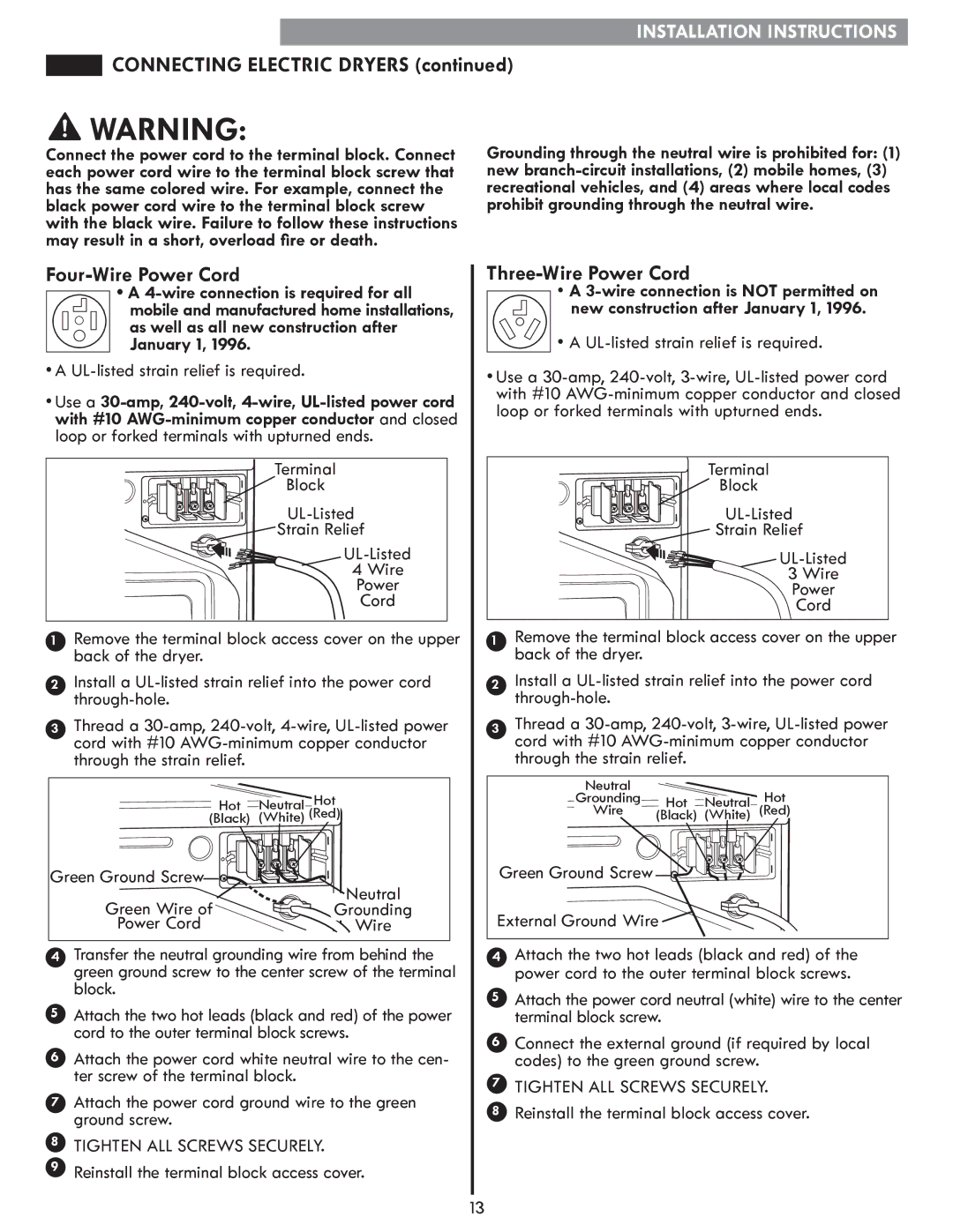 Kenmore 796.8127# manual Connecting Electric Dryers, Four-Wire Power Cord, Three-Wire Power Cord 