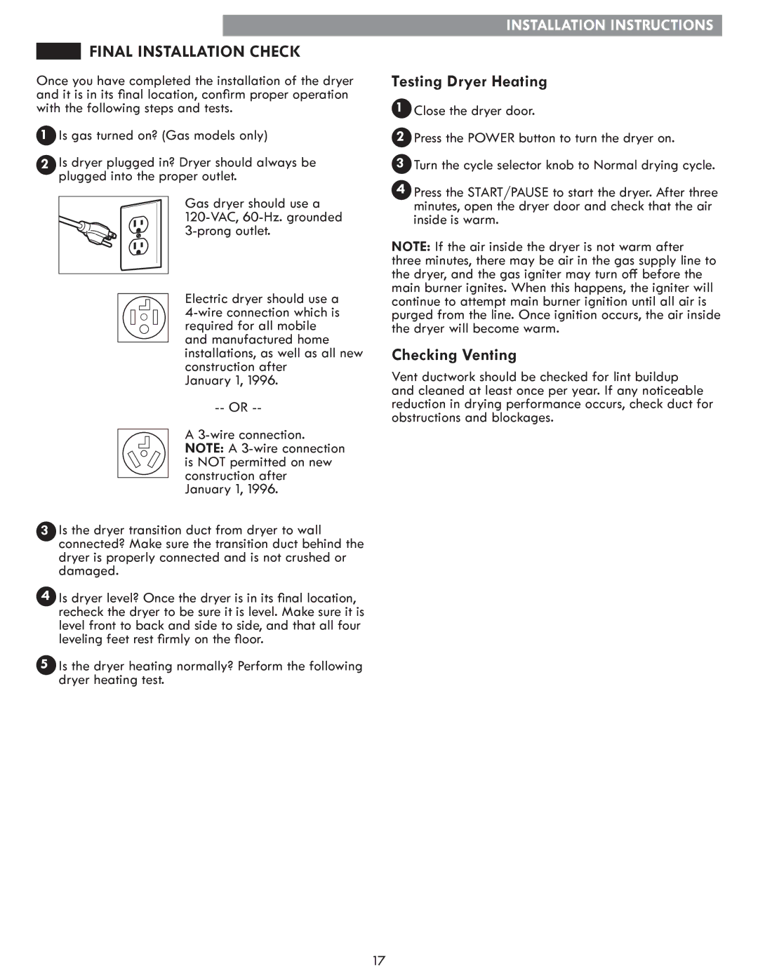 Kenmore 796.8127# manual Final Installation Check, Testing Dryer Heating, Checking Venting 