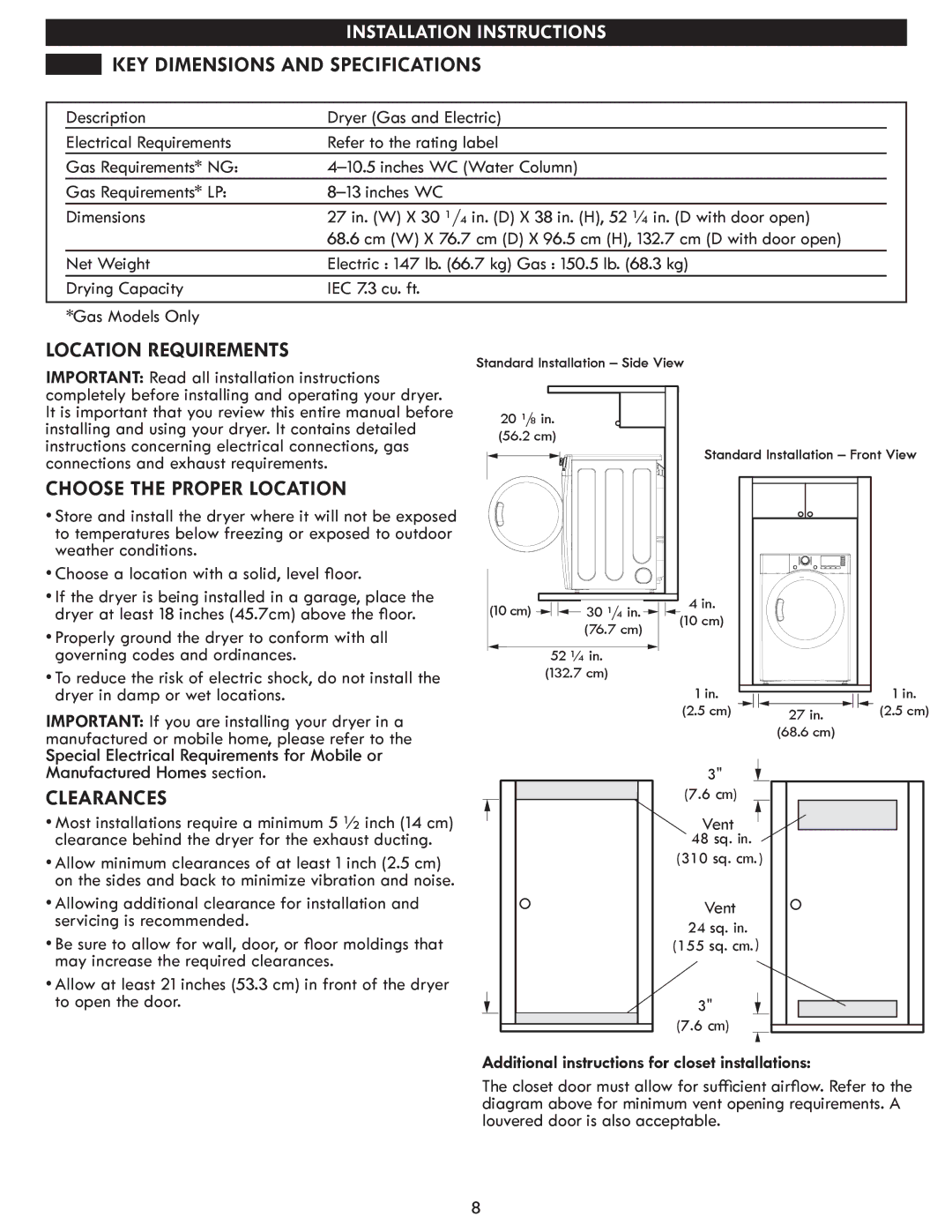 Kenmore 796.8127# manual KEY Dimensions and Specifications, Location Requirements, Choose the Proper Location, Clearances 