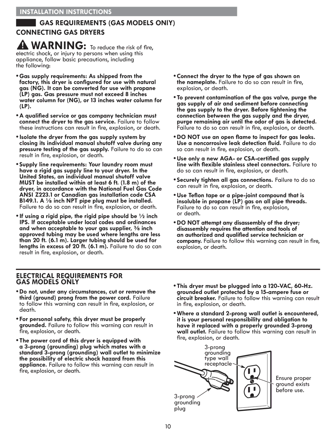 Kenmore 796.8172 GAS Requirements GAS Models ONlY, Connecting GAS Dryers, Electrical Requirements for GAS Models only 